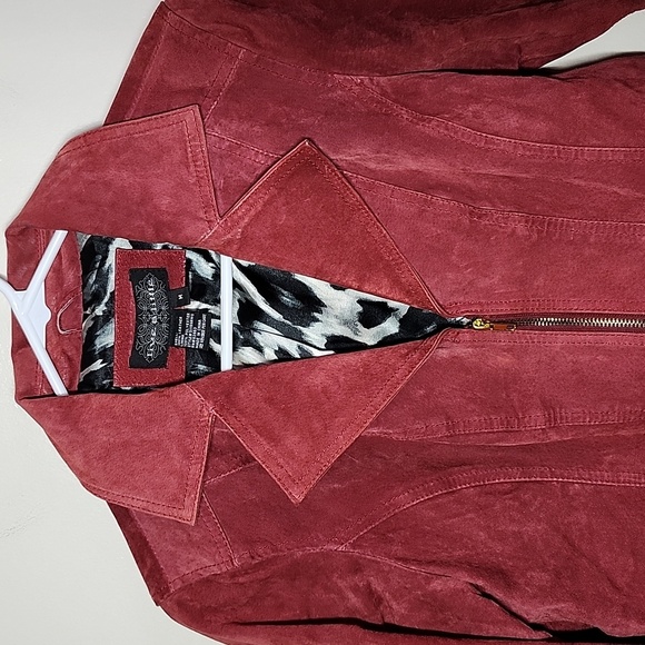 Live A Little Red Suede Jacket Leopard Lined Womens Medium Moto Jacket Bikercore - Picture 2 of 11